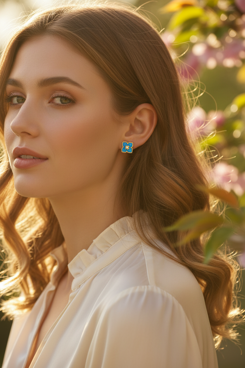 金色蓝色四叶草耳钉户外场景