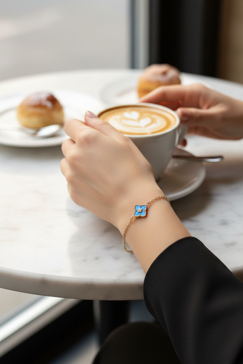 金色蓝色四叶草手链咖啡馆场景