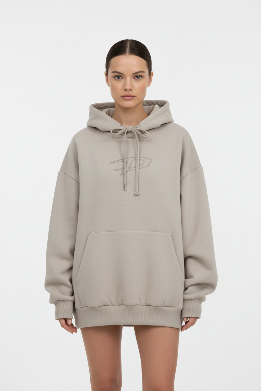 米灰色连帽卫衣女模特图