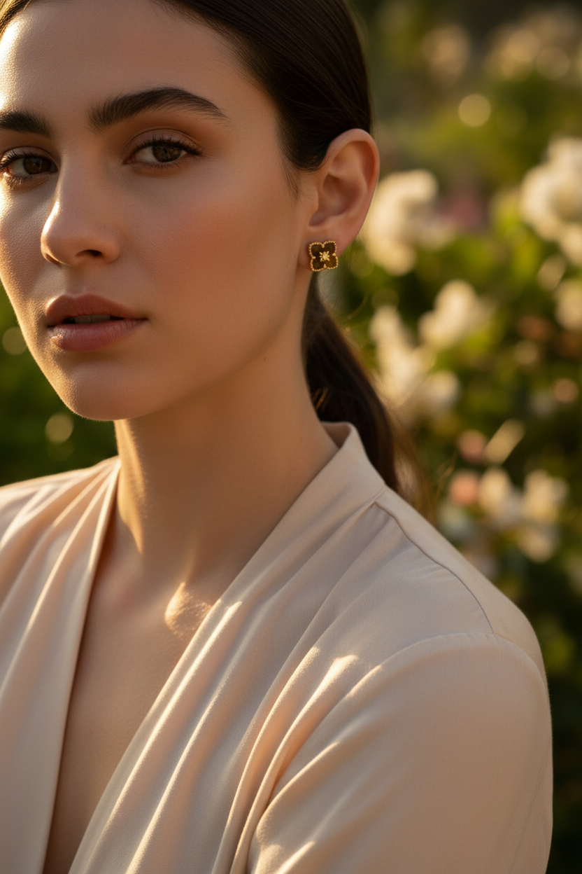 金色四叶草耳钉户外场景