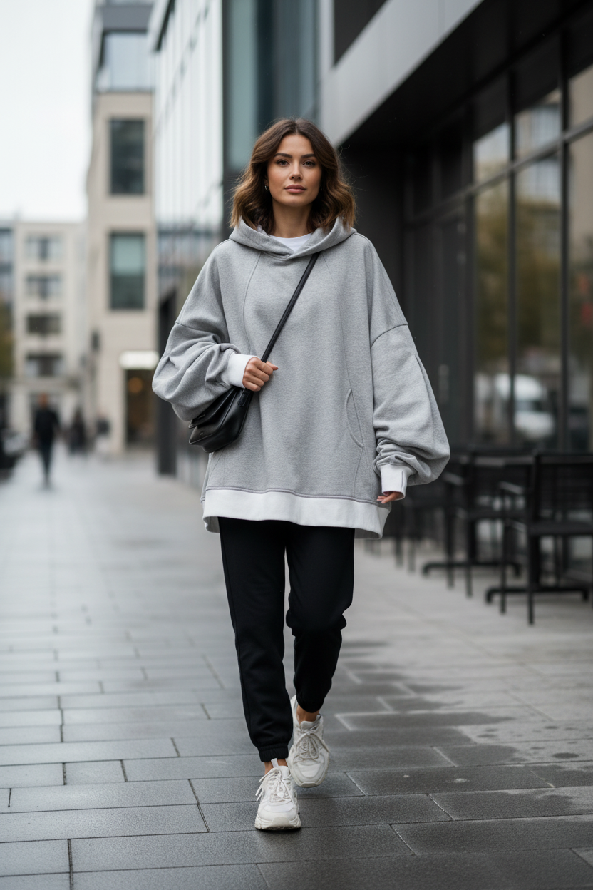 灰色连帽卫衣街头场景