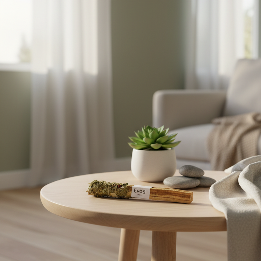 Bâton Aromatique Sauge Séchée Liée Étiquette Papier Evosensation vert gris naturel sauge bois palo santo, vue en situation dans un intérieur scandinave minimaliste posé sur une table basse en bois clair