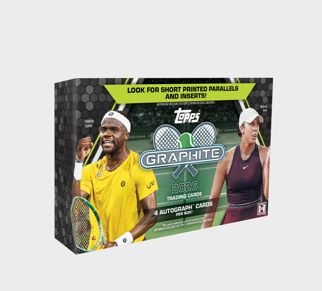 Boîte Cartes Trading Hobby Box Graphite Autographe Certifié Topps Tennis 2026, vue produit trois quarts sur fond noir hexagone avec joueurs Frances Tlafoe et Madison Keys 4 autographes certifiés par boîte Short Printed Parallels et Inserts