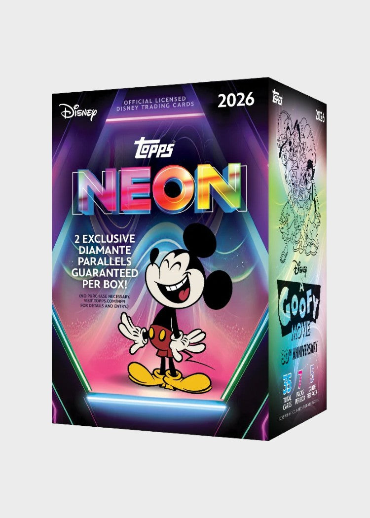 Boîte Cartes Trading Value Box Neon Diamante Parallels Exclusifs 30e Anniversaire Goofy Movie Topps Disney Mickey Goofy Movie 2026, vue produit trois quarts sur fond blanc avec Mickey Mouse classique sur fond néon hexagone rose violet 2 Diamante Parallels garantis par boîte 35 cartes total 7 packs 5 cartes par pack Goofy Movie 30th Anniversary en illustration côté droit