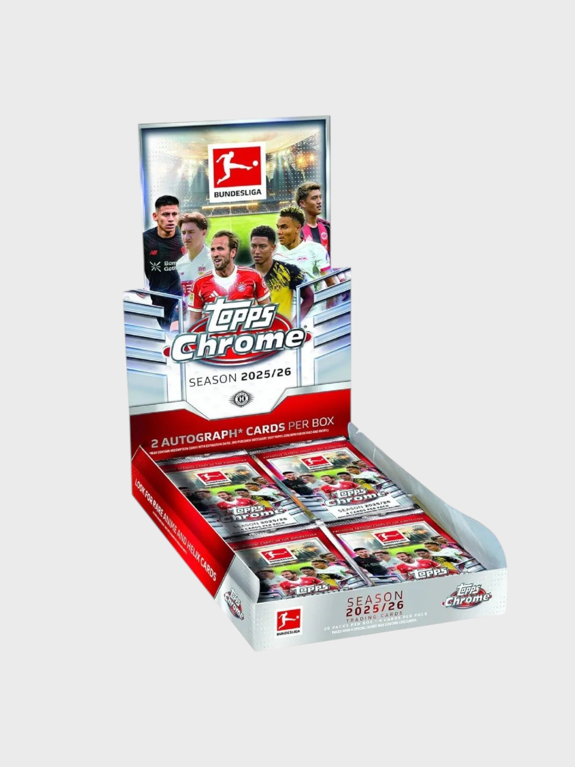 Boîte Hobby Chrome Topps Bundesliga 2025-26, vue trois quarts boîte ouverte avec packs