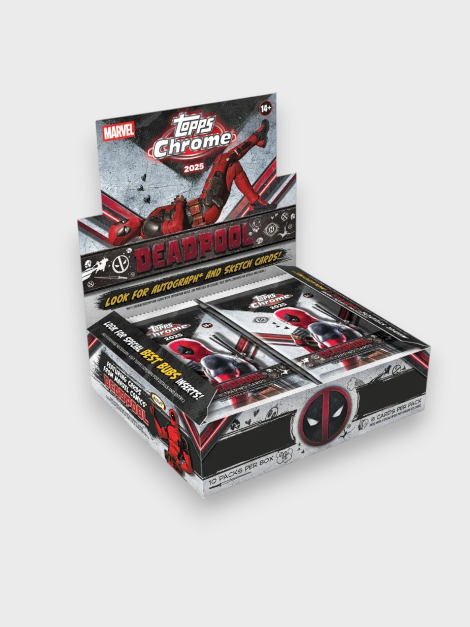 Boîte Hobby Chrome Topps Deadpool Marvel 2025, vue trois quarts boîte ouverte avec packs
