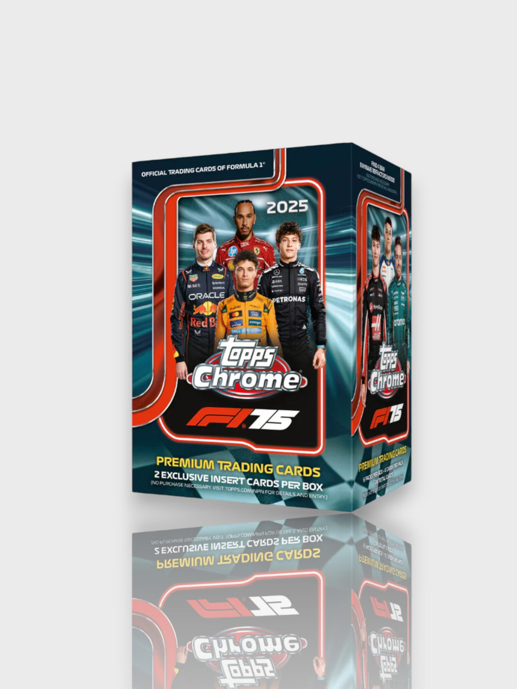 Topps Chrome F1 75 2025 blaster box premium trading cards – pilotes Verstappen, Hamilton, Norris, Russell et Leclerc en combinaison, packaging bleu foncé bordure rouge, 2 exclusive insert cards per box, fond gris clair
