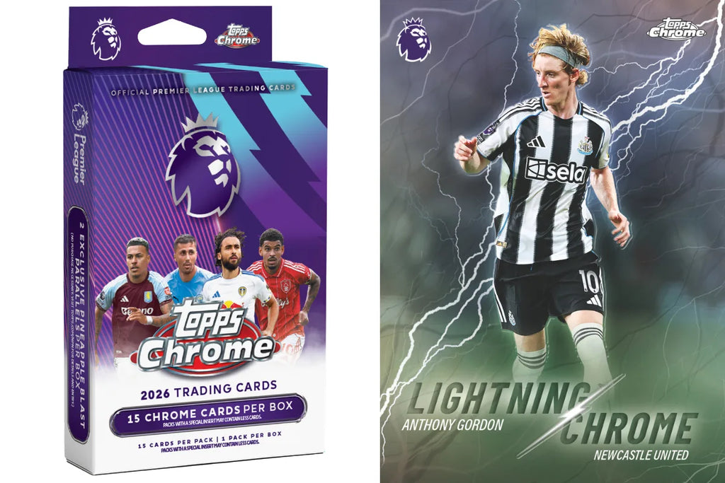 Topps Chrome Premier League 2026 hanger box 15 chrome cards – 2 exclusive pineapple blast parallels, insert Lightning Chrome Anthony Gordon Newcastle United maillot noir et blanc Adidas Sela numéro 10, fond éclairs
