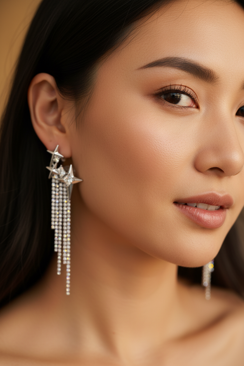 Boucle Oreille Pendentif Étoile Franges Strass Puce Étoile Double Martelée Franges Chaîne Strass Longue FLV argent cristal en métal argenté strass cristal, vue en situation portée à l'oreille gauche d'une femme asiatique portrait trois quarts cheveux lisses noirs sur fond beige doré en lumière chaude