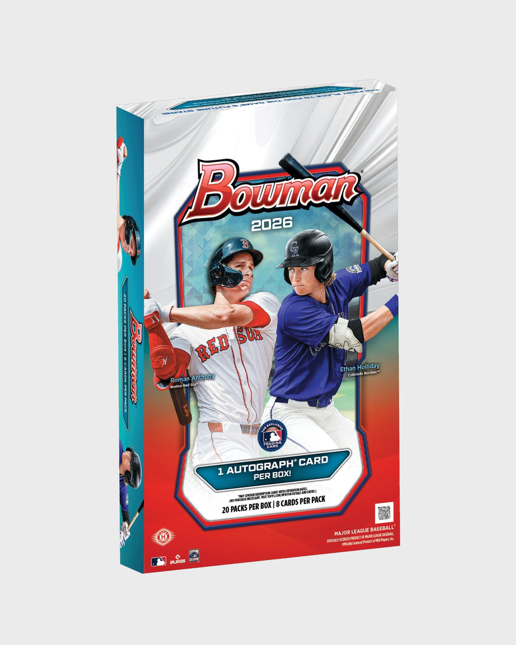 Bowman Baseball 2026 Hobby Box - 20 packs, 8 cartes par pack, 3 autographes garantis, vue de face