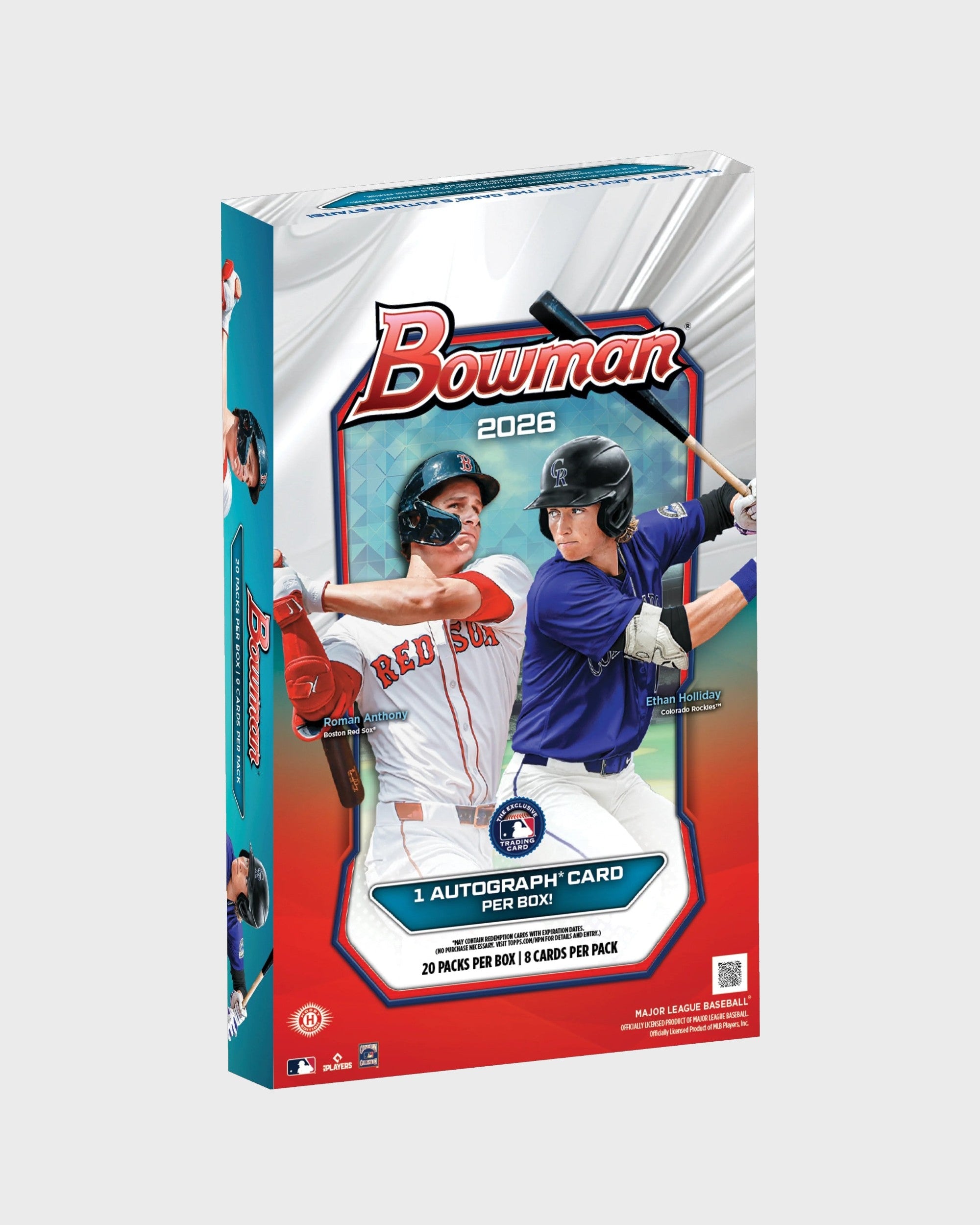 Bowman Baseball 2026 Hobby Box - 20 packs, 8 cartes par pack, 3 autographes garantis, vue de face