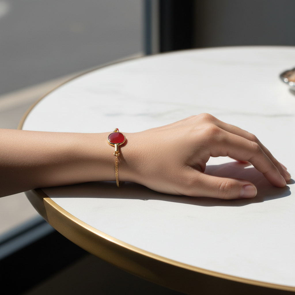 Bracelet Chaîne Cabochon Ovale Chaîne Fine Coulissante One Swear rouge cornaline or en métal doré pierre naturelle, vue en situation porté au poignet d'une femme posant la main sur une table en marbre blanc à bordure dorée en lumière naturelle