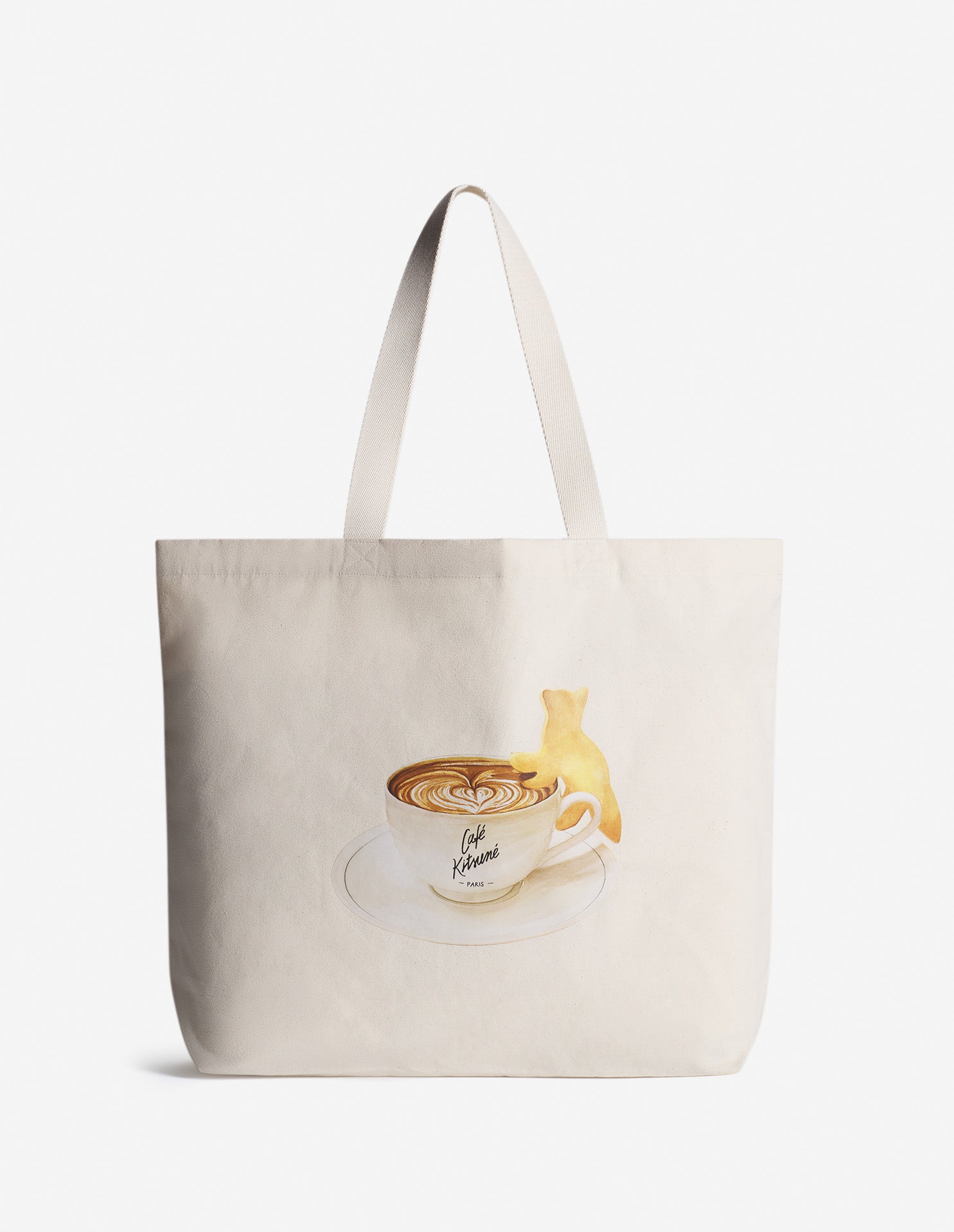 Vue de face du grand tote bag Café Kitsuné en toile écrue avec illustration