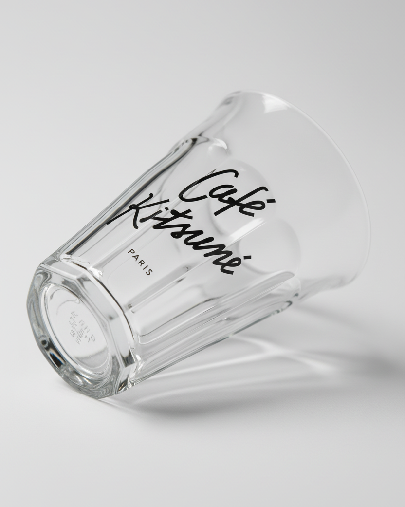 Café Kitsuné Paris verre transparent en cristal taillé – logo "Café Kitsuné" écriture manuscrite noire et inscription "PARIS", posé incliné sur le côté, fond gris clair
