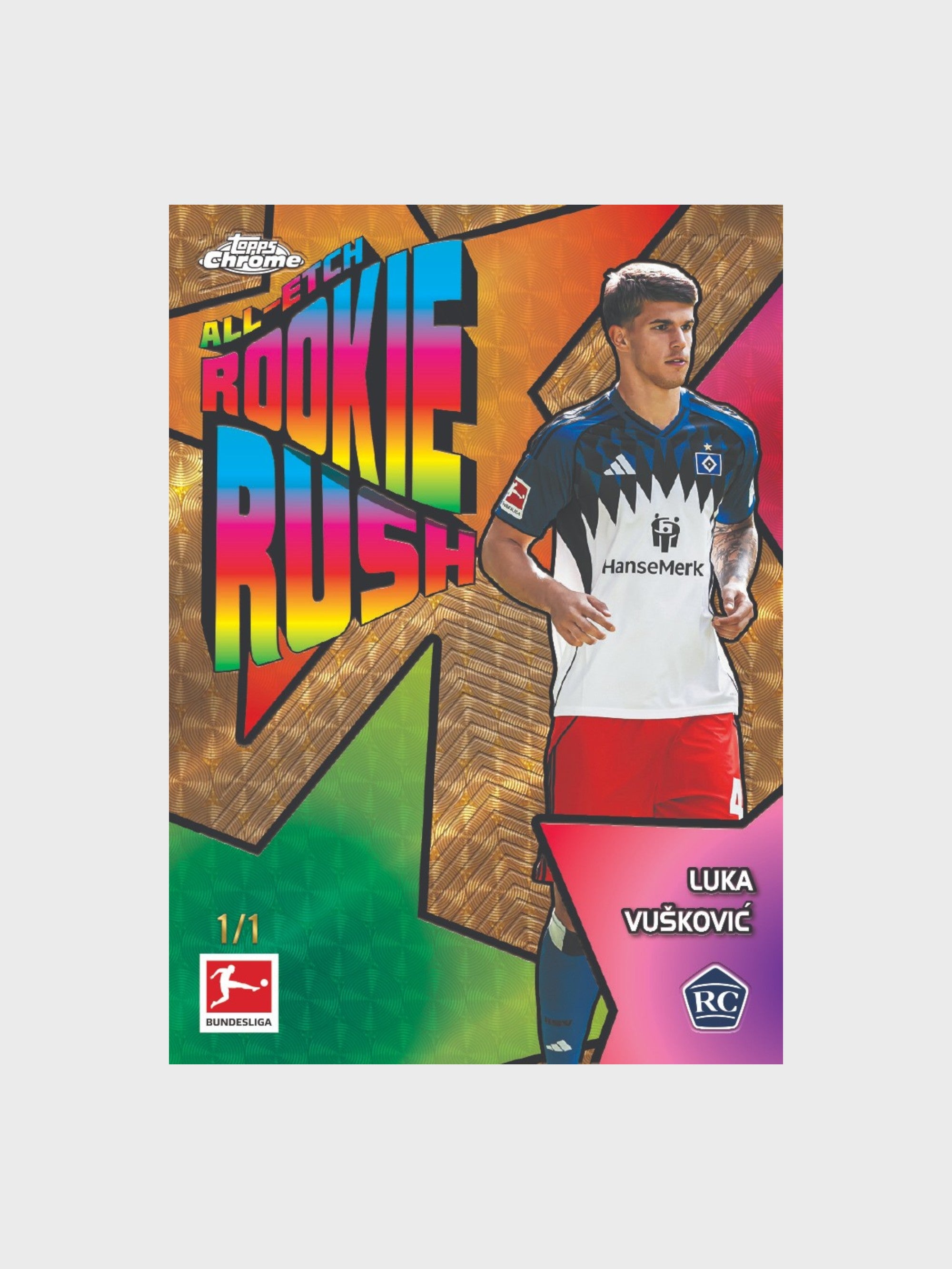 Carte Chrome All-Etch Rookie Rush Topps Bundesliga Hambourg 2025-26, rookie card RC Luka Vušković 1/1