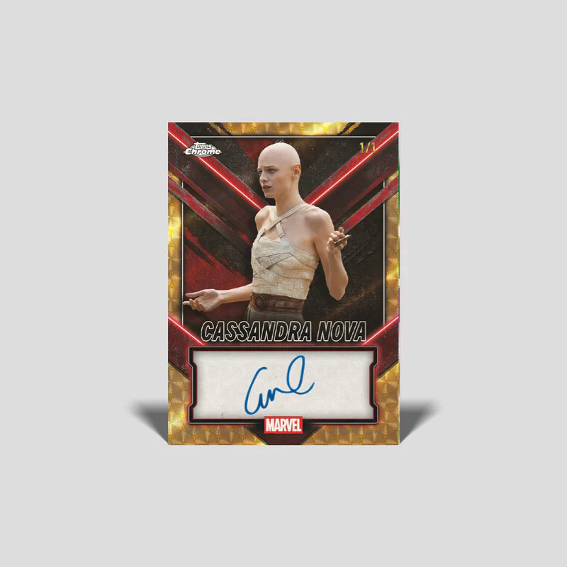 Carte Chrome X-Fractor Or Topps Deadpool Marvel 2025, autographe certifié Cassandra Nova 1/1