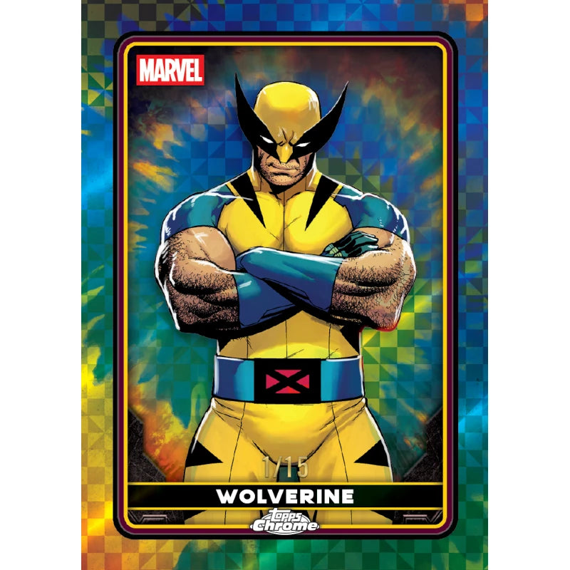 Carte Chrome X-Fractor Pixel Arc-en-ciel Topps Deadpool Marvel 2025, personnage Wolverine illustration comics numérotée 1/15