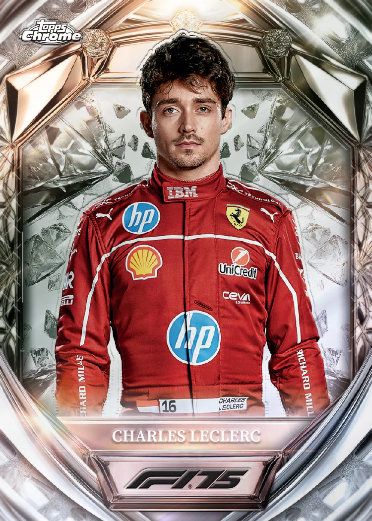 Topps Chrome Charles Leclerc card – Scuderia Ferrari HP combinaison rouge numéro 16, cadre cristal argent F1 75
