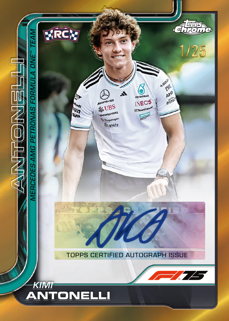 Topps Chrome Kimi Antonelli rookie auto card – Mercedes-AMG Petronas F1 Team numbered 1/25

