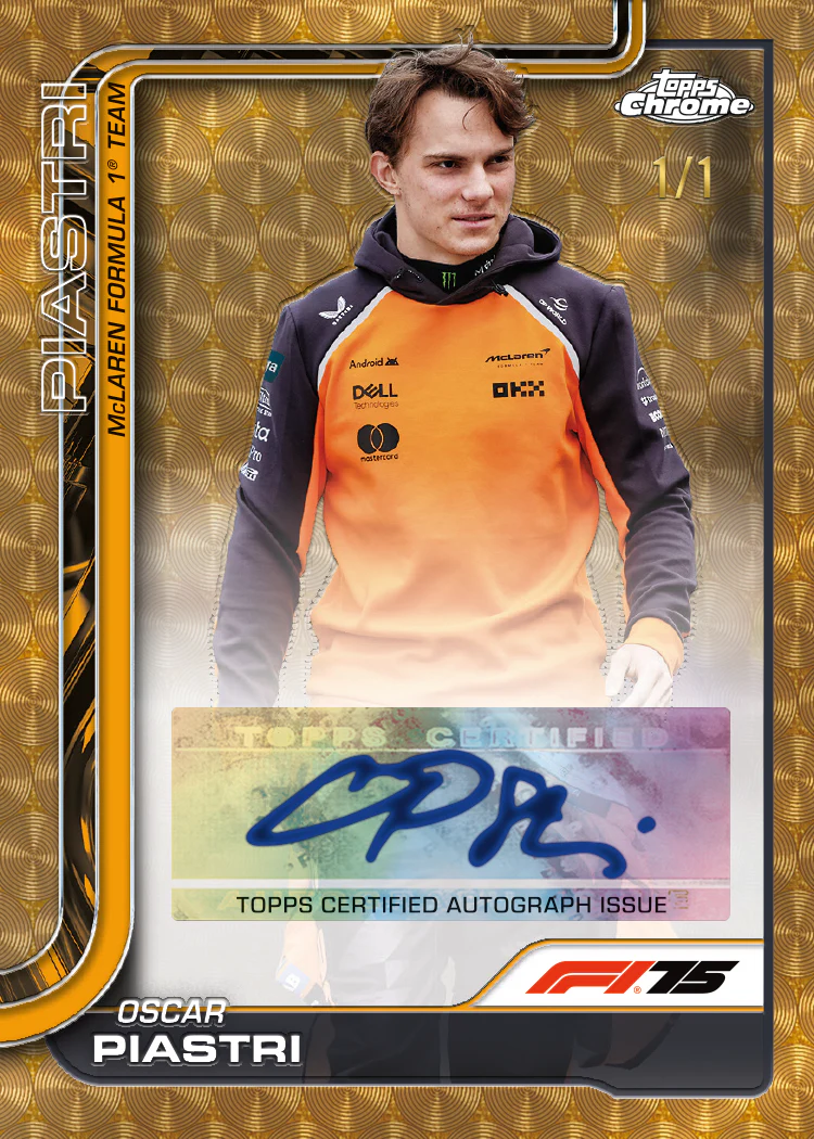 Topps Chrome Oscar Piastri auto card – McLaren F1 Team hoodie orange, fond or guilloché, numbered 1/1 F1 75
