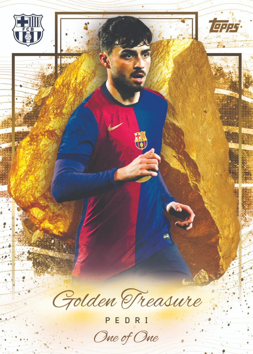 Carte collector Topps FC Barcelona Pedri édition Golden Treasure One of One, maillot bleu et rouge, fond or et éclaboussures dorées
