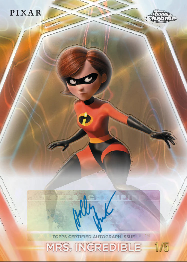 Carte Trading Autographe Chrome Neon Hexagone Or Rayé Topps Pixar Les Indestructibles Mrs Incredible 2026, vue carte verticale personnage Elastigirl en combinaison rouge et noire pose combat sur fond hexagone or rayé holographique avec signature bleue certifiée Topps numérotée 1 sur 5