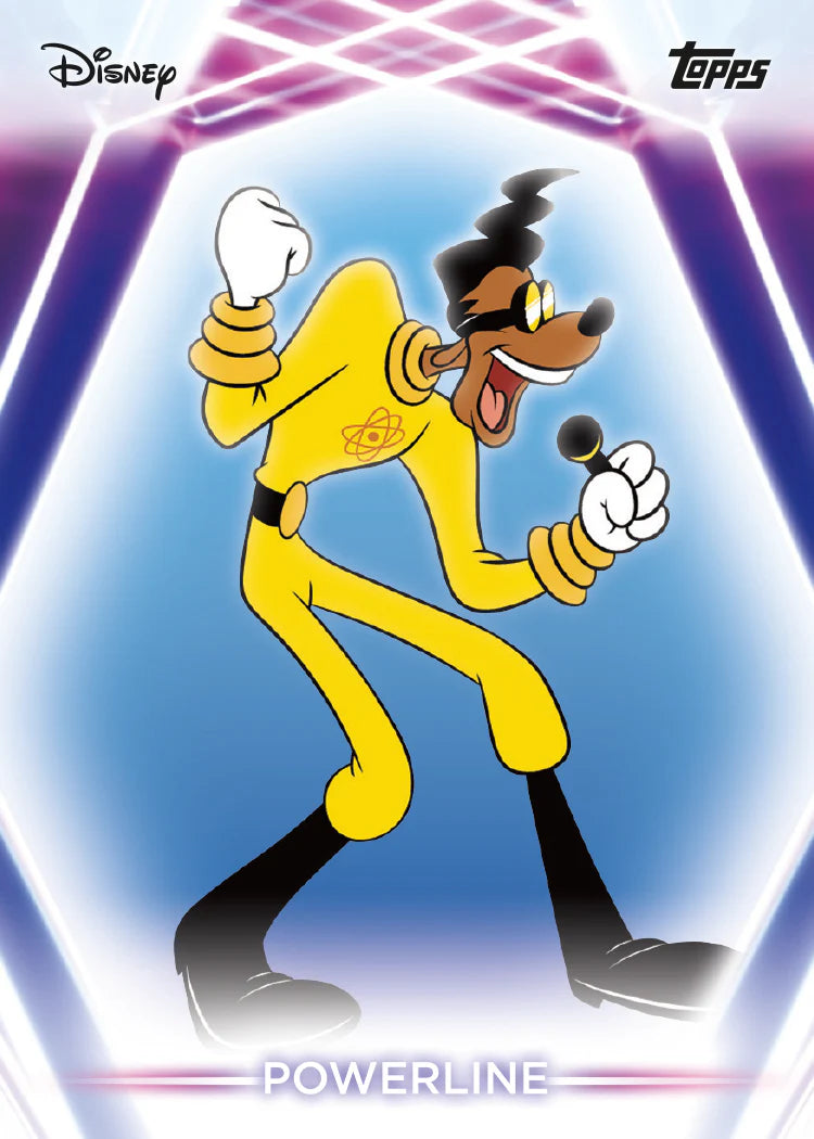Carte Trading Base Neon Hexagone Bleu Violet Topps Disney Goofy Movie Powerline 2026, vue carte verticale personnage Powerline en combinaison jaune logo atome tenant un micro pose de concert sur fond hexagone néon bleu violet et blanc avec logos Disney et Topps
