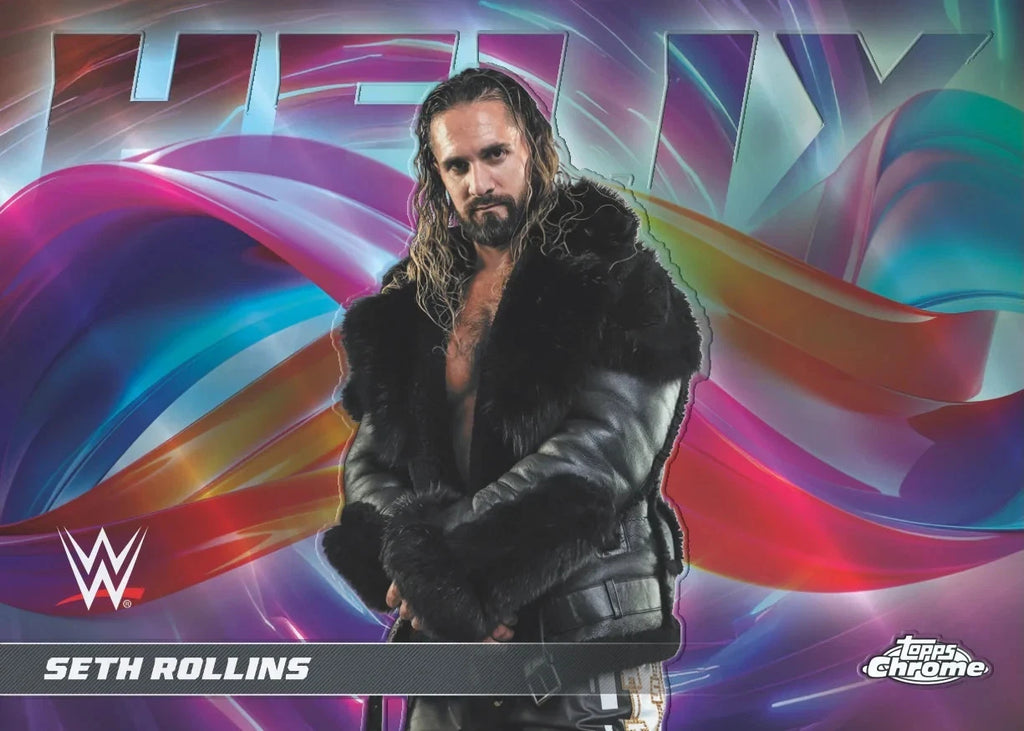 Carte Trading Individuelle Chrome Holographique Fond Vagues Multicolores Topps WWE 2026, vue carte de face lutteur Seth Rollins en manteau de fourrure noir sur fond holographique multicolore avec logo WWE et Topps Chrome