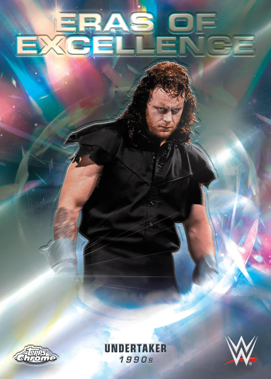 Carte Trading Insert Eras Of Excellence Chrome Laser Holographique Topps WWE 2026, vue carte verticale lutteur Undertaker années 1990s en tenue noire regard baissé sur fond laser holographique multicolore bleu rose vert avec titre ERAS OF EXCELLENCE en argent