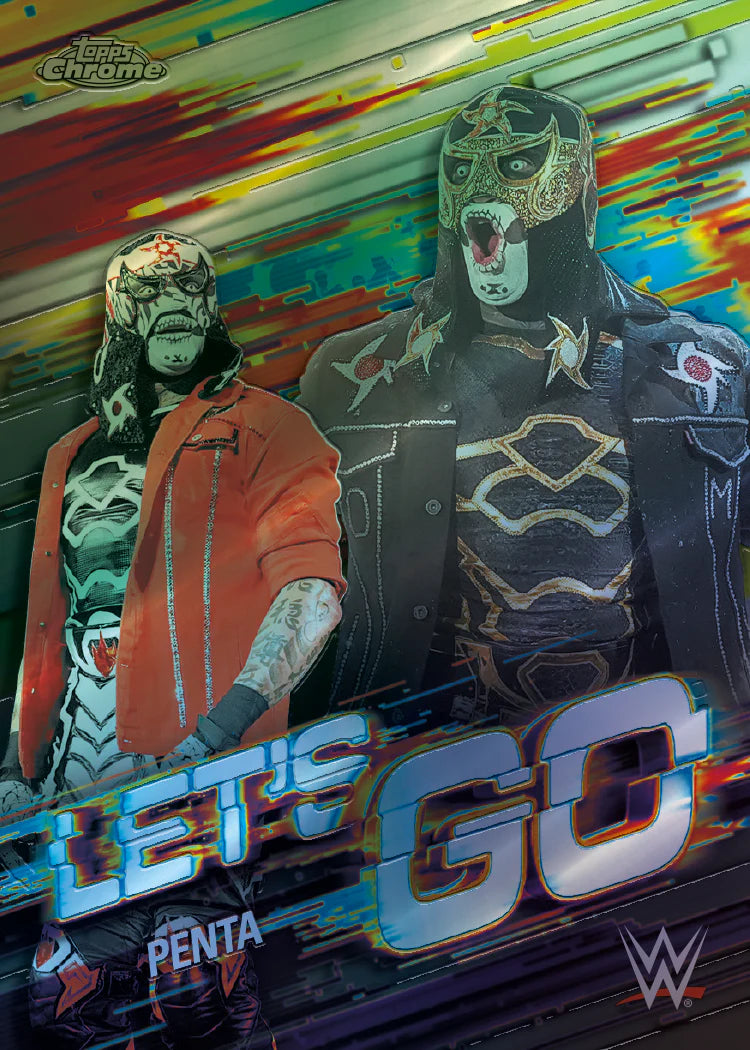 Carte Trading Insert Let's Go Chrome Glitch Perturbation Topps WWE 2026, vue carte verticale duo lutteurs masqués Penta en veste orange et Rey Fenix en costume noir sur fond glitch multicolore rouge jaune bleu avec inscription LET'S GO en chrome argenté
