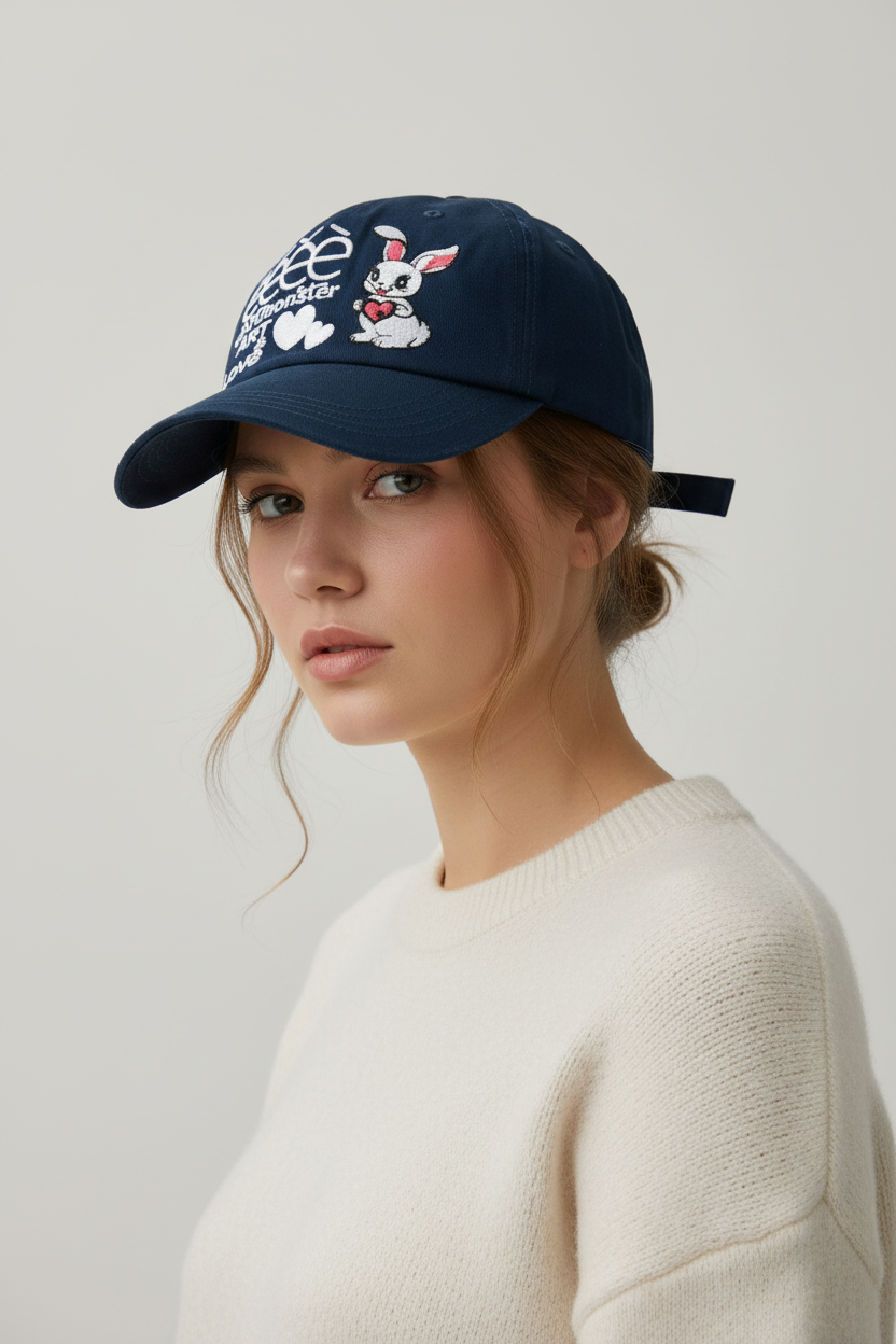 Casquette eeee Artmonster bleu marine avec broderie lapin Art & Love, portée par une femme avec pull blanc, vue trois quarts sur fond gris
