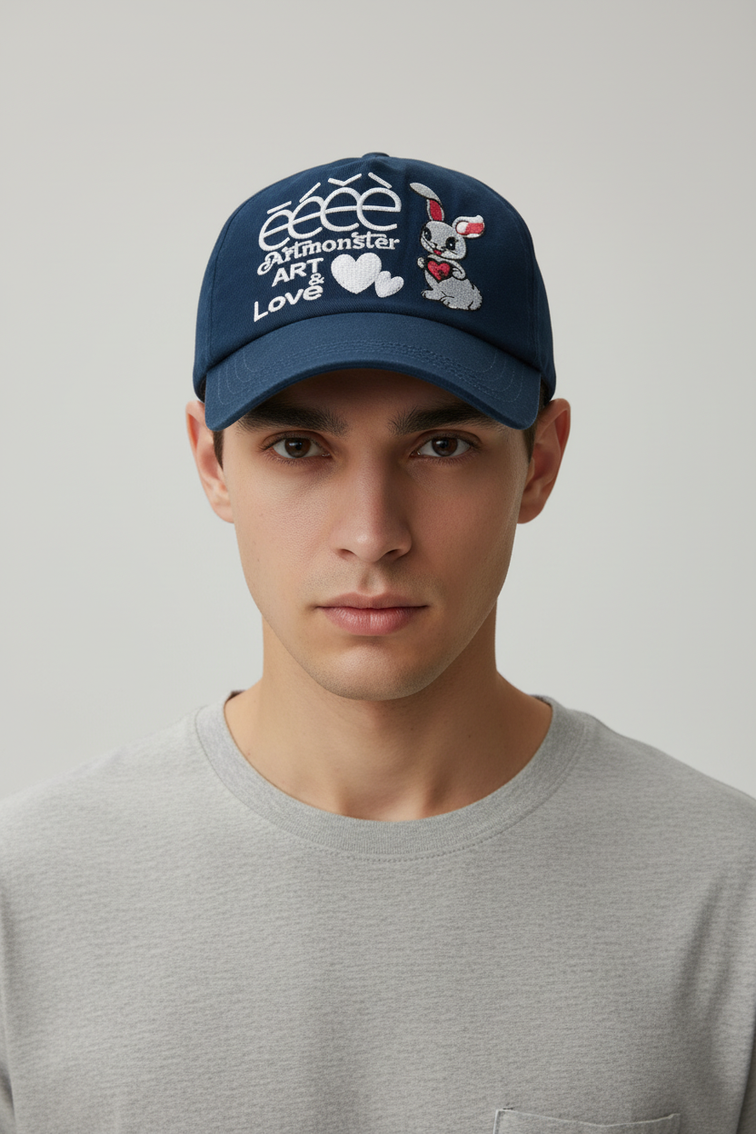 Casquette eeee Artmonster bleu marine avec broderie lapin Art & Love, portée par un homme de face sur fond gris
