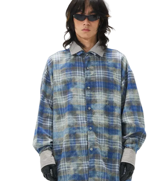 Chemise à Carreaux Patchwork Effet Lavé Bleu-Gris | RELABEL
