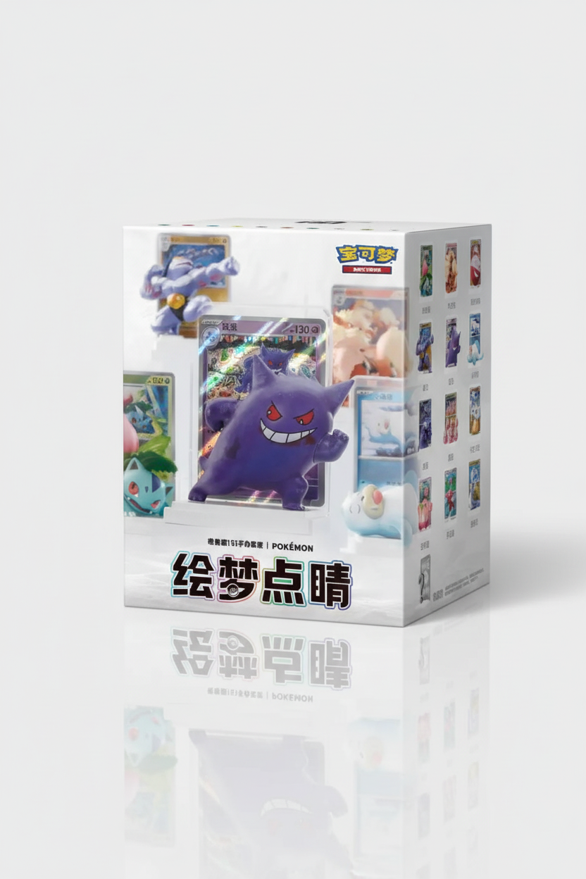 Coffret Blind Box Set 12 Pokémon Boîte Carton Illustrée Édition Limitée 151 Huimeng Dianjing Pokémon blanc multicolore illustrations carton impression offset, vue produit trois quarts sur fond gris clair avec reflet miroir sans modèle