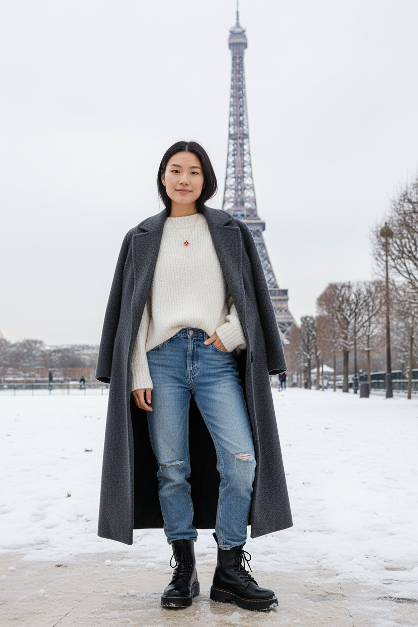 Collier Pendentif Cabochon Losange Pendentif Losange Cabochon Chaîne Fine FLV rouge cornaline argent en métal argenté pierre naturelle cornaline, vue en situation porté au cou d'une femme asiatique en manteau gris long et pull blanc devant la Tour Eiffel en hiver sous la neige