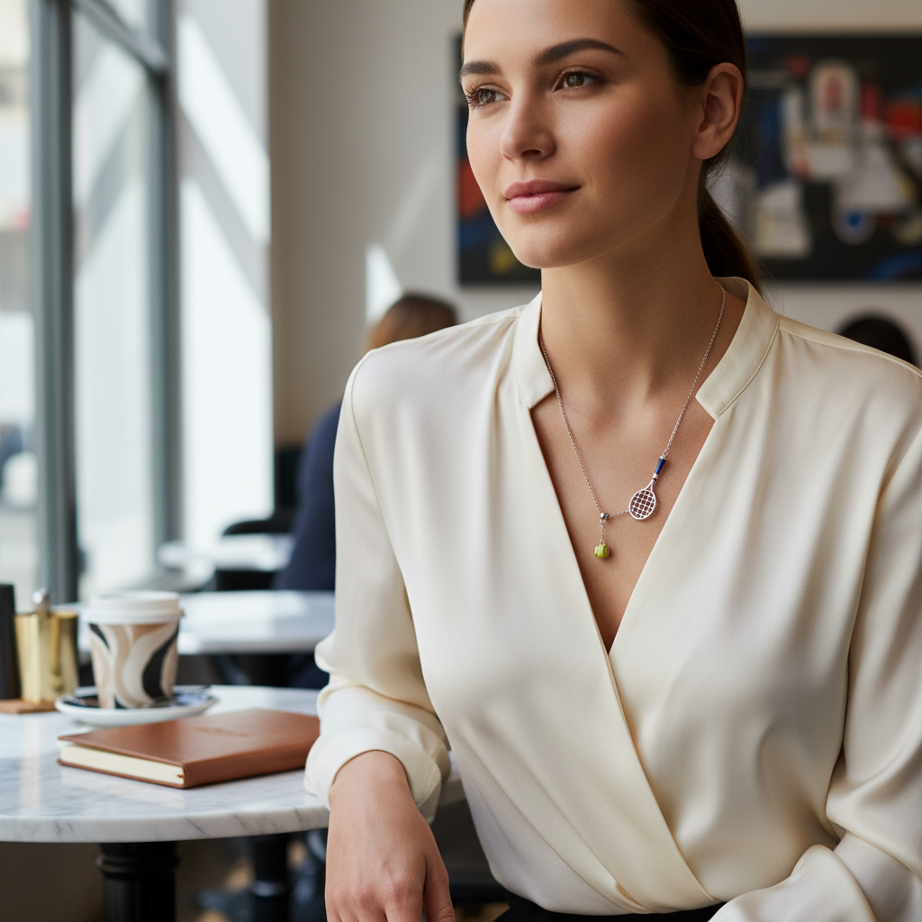 Collier Pendentif Raquette Balle Pendentif Double Raquette Tennis Balle Chaîne Fine Émail Bleu One Swear argent balle jaune émail bleu en métal argenté émail, vue en situation porté au cou d'une femme en blouse croisée ivoire assise dans un café parisien en lumière naturelle