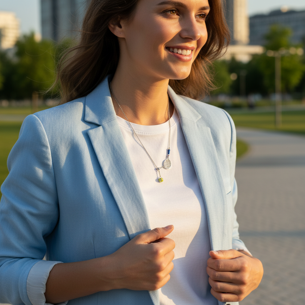 Collier Pendentif Raquette Balle Pendentif Double Raquette Tennis Balle Chaîne Fine Émail Bleu One Swear argent balle jaune émail bleu en métal argenté émail, vue en situation porté au cou d'une femme souriante en blazer bleu ciel marchant dans un parc urbain au coucher du soleil