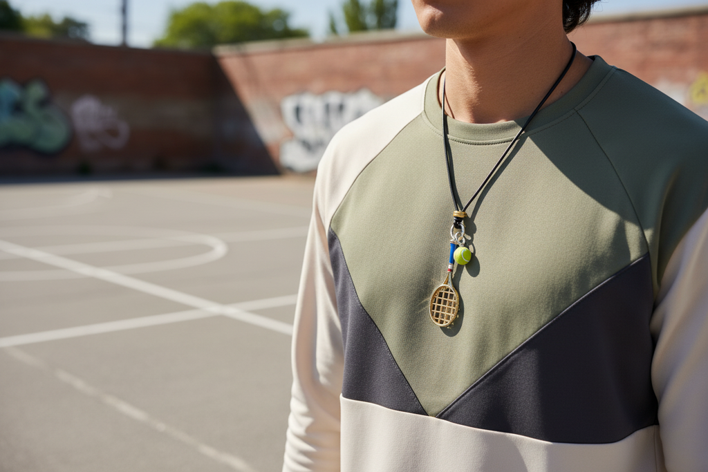 Collier Pendentif Raquette Balle Pendentif Double Raquette Tennis Balle Cordon Cuir Noir Perles Couleur One Swear or balle jaune perles bleu rouge en métal doré cordon cuir perles, vue en situation porté au cou d'un homme en sweat color block sur un terrain de basketball urbain en plein air