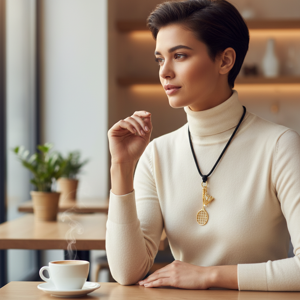 Collier Pendentif Raquette Volant Pendentif Double Raquette Badminton Volant Cordon Cuir Noir One Swear or jaune cordon noir en métal doré cordon cuir, vue en situation porté au cou d'une femme en col roulé blanc assise dans un café scandinave en lumière naturelle