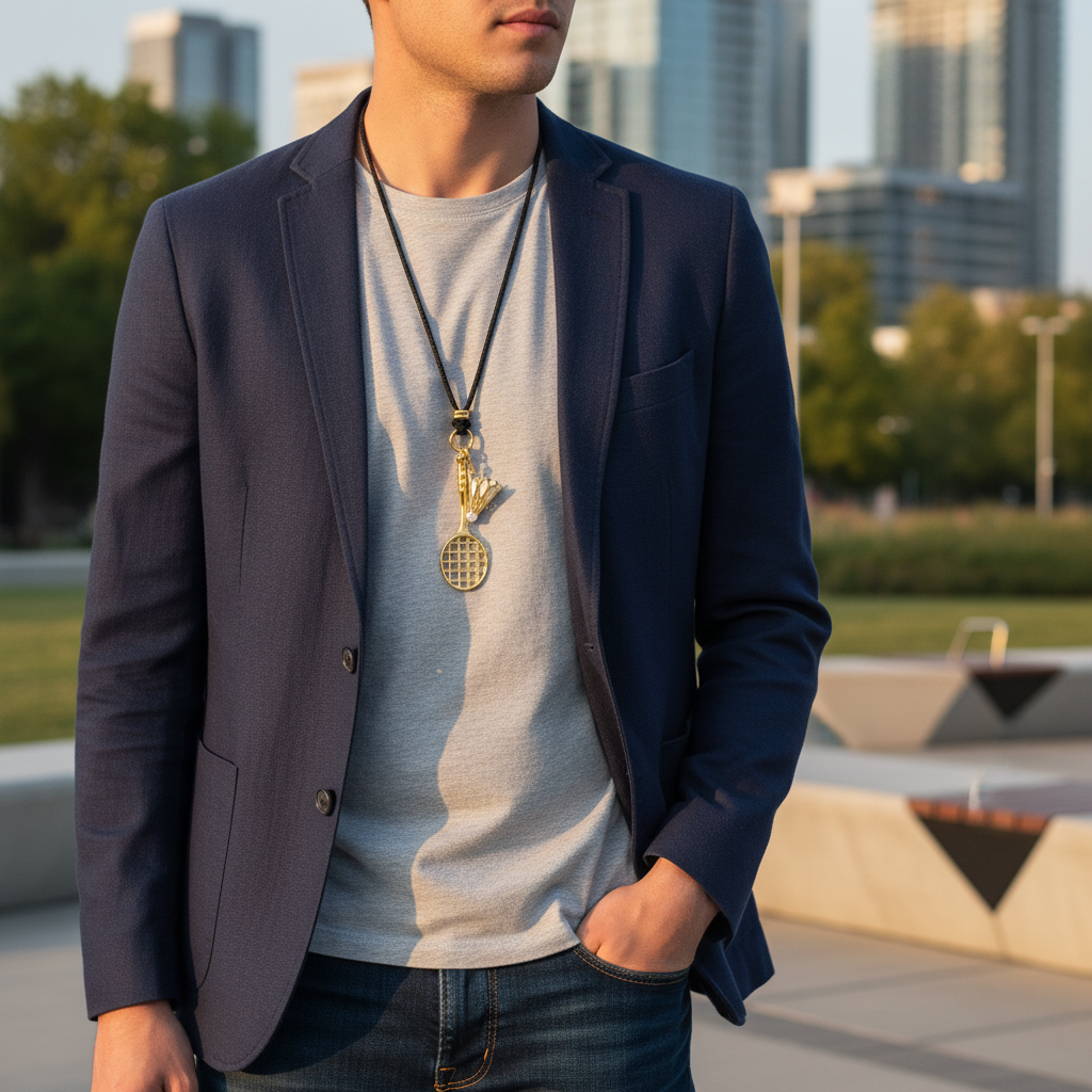 Collier Pendentif Raquette Volant Pendentif Double Raquette Badminton Volant Cordon Cuir Noir One Swear or jaune cordon noir en métal doré cordon cuir, vue en situation porté au cou d'un homme en blazer marine dans une place urbaine moderne au coucher du soleil