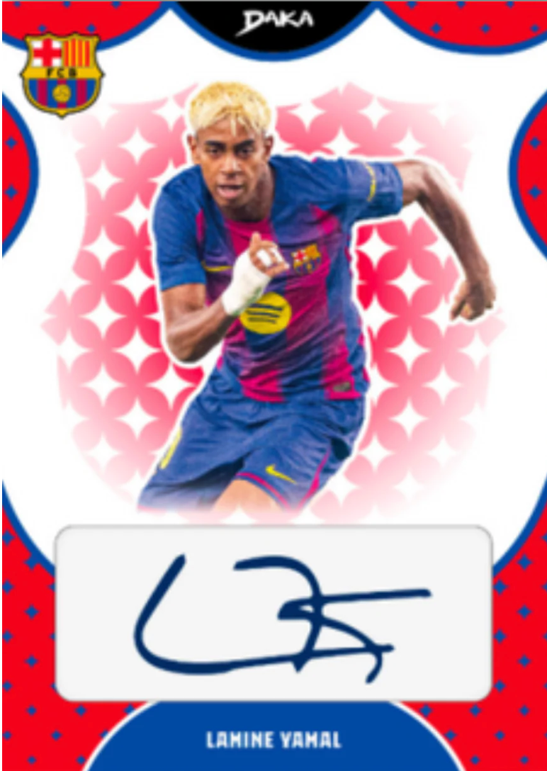 Carte autographe DAKA Lamine Yamal FC Barcelona, maillot bleu et rouge, avec signature originale
