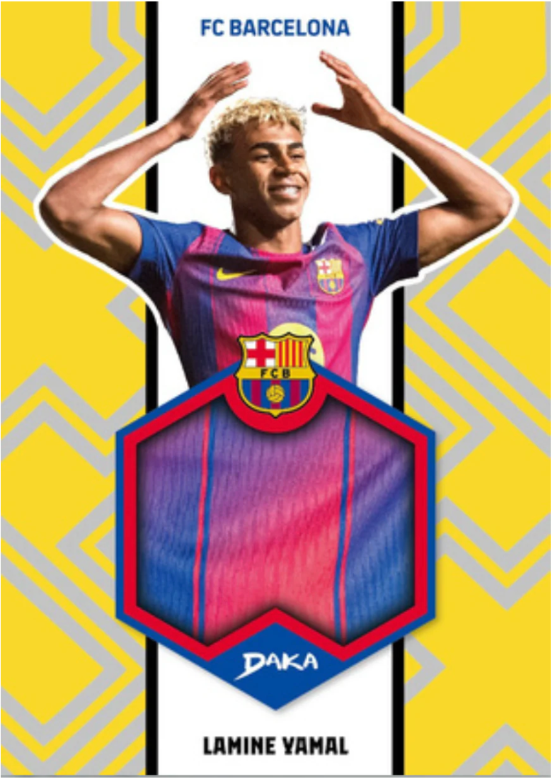 Carte relic maillot DAKA Lamine Yamal FC Barcelona avec fragment de maillot authentique, fond jaune géométrique
