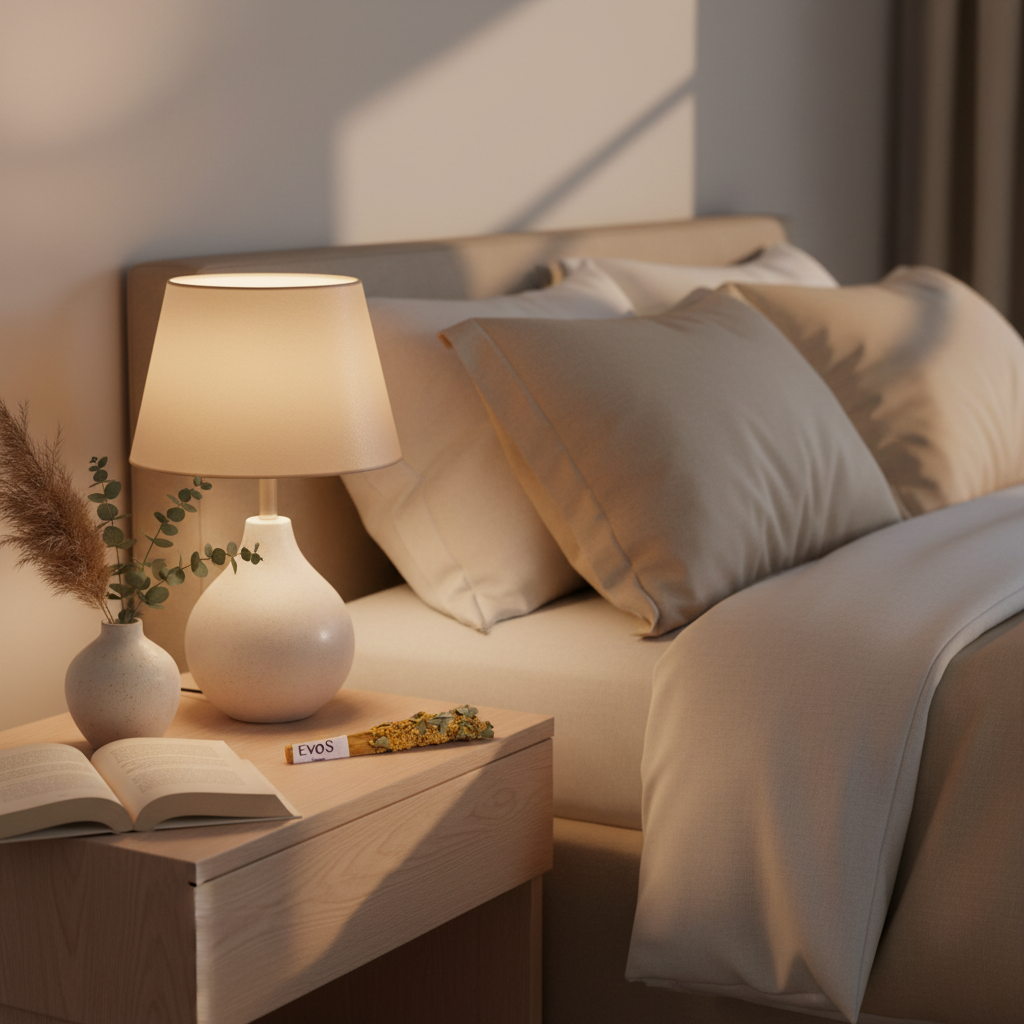 EVOS bâton smudge – mise en scène ambiance chambre cosy lumière tamisée, lampe beige coussins doux et bâtons smudge sur table de chevet, fond crème
