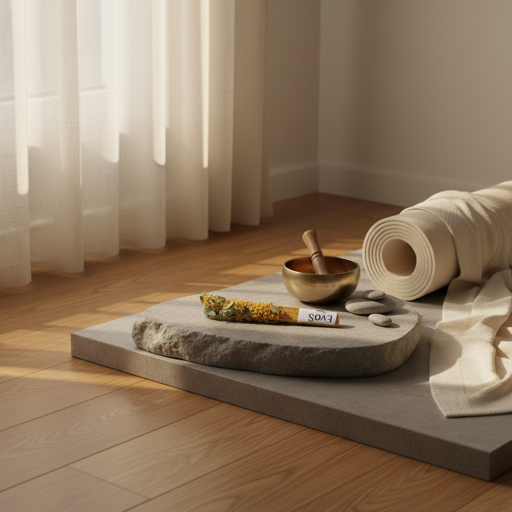 EVOS bâton smudge – mise en scène ambiance salon cosy lumière naturelle, plateau marbre avec bâtons smudge et accessoires rituels, fond beige chaleureux
