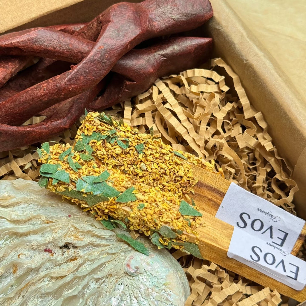 EVOS coffret cadeau – boîte kraft avec bâtons smudge étiquetés EVOS dont variété feuilles dorées, coquillage blanc sculpté, tissu satiné bordeaux et paille dorée, vue de dessus
