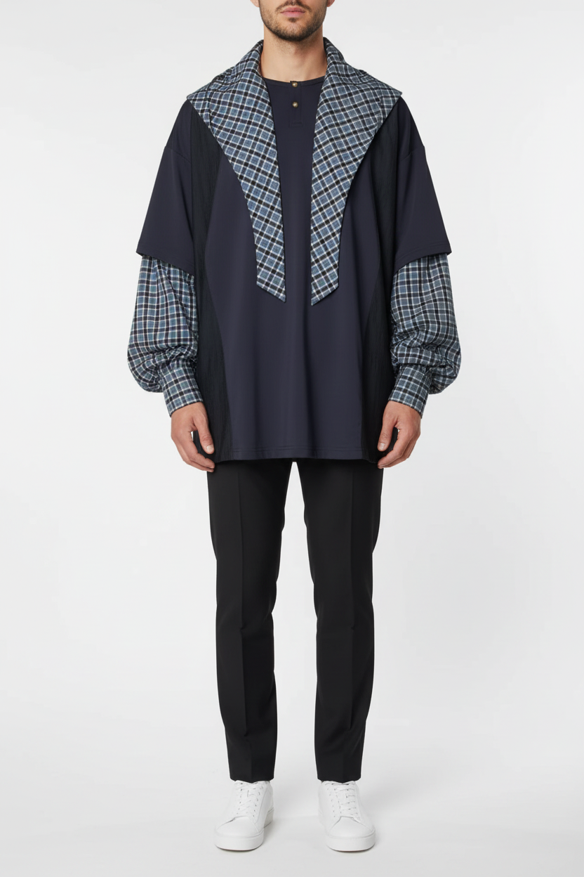 Ensemble Layering Bicolore Carreaux Relabel bleu marine et carreaux gris en coton, vue de face portée par un homme