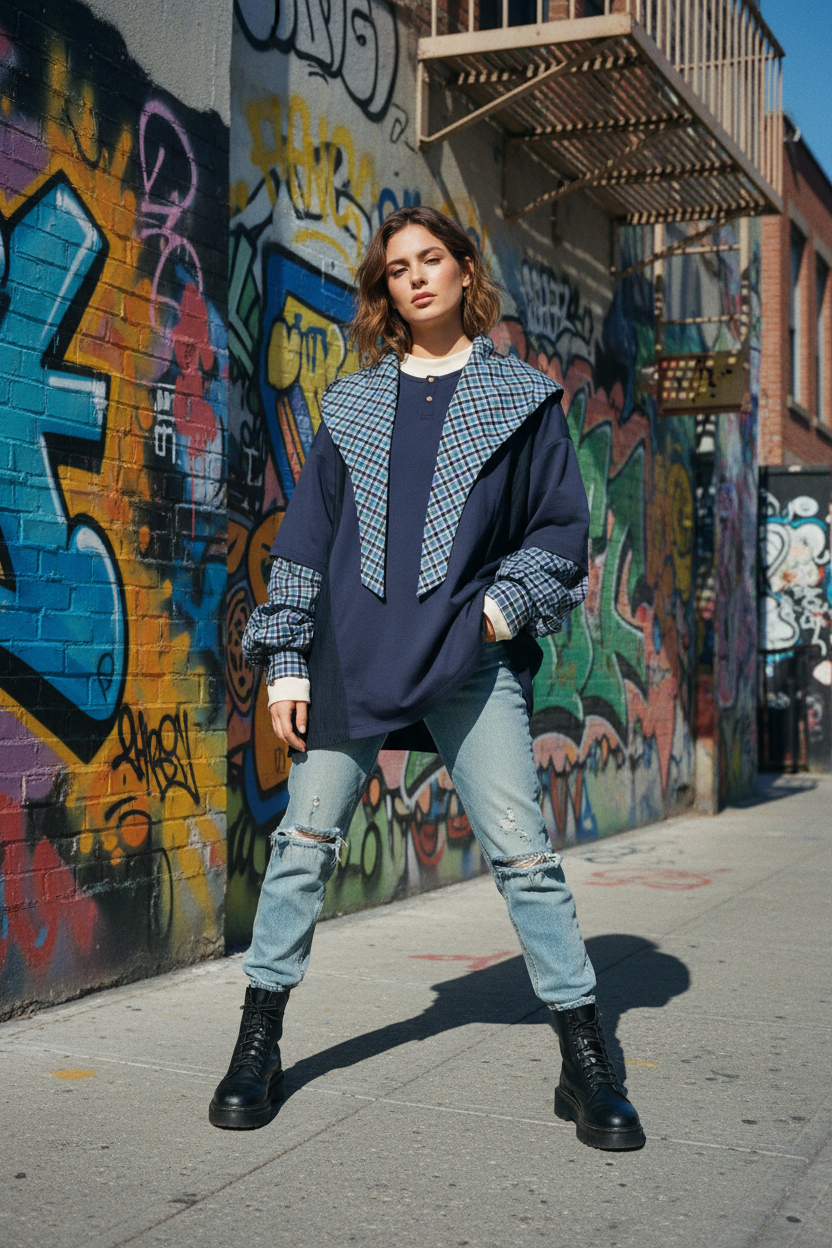 Ensemble Layering Bicolore Carreaux Relabel bleu marine et carreaux gris en coton, vue en situation portée par une femme devant un mur de graffitis