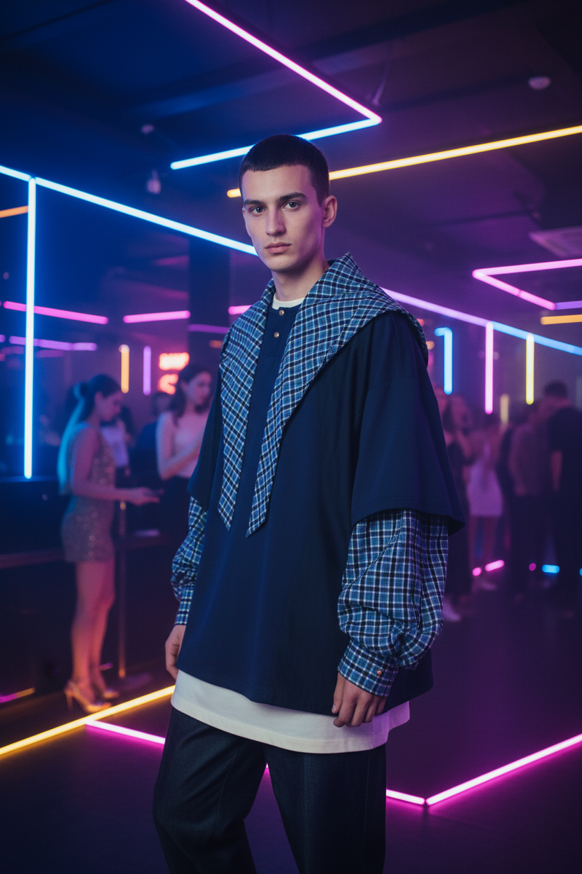 Ensemble Layering Bicolore Carreaux Relabel bleu marine et carreaux gris en coton, vue en situation portée par un homme dans un club avec néons