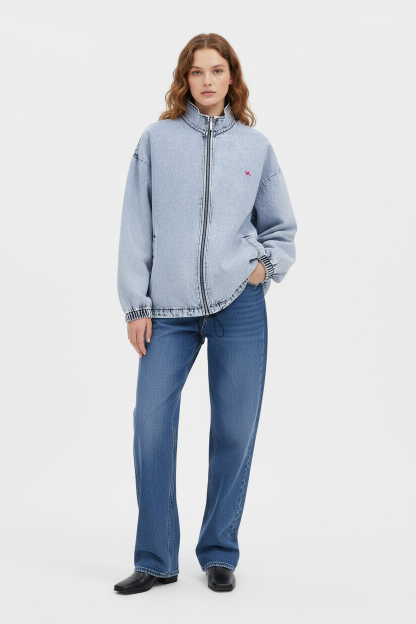 Femme portant la veste en jean bleu clair oversize look complet