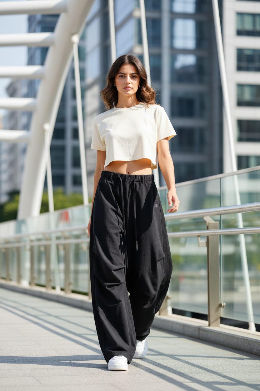 Femme portant le pantalon noir oversize sur une passerelle urbaine
